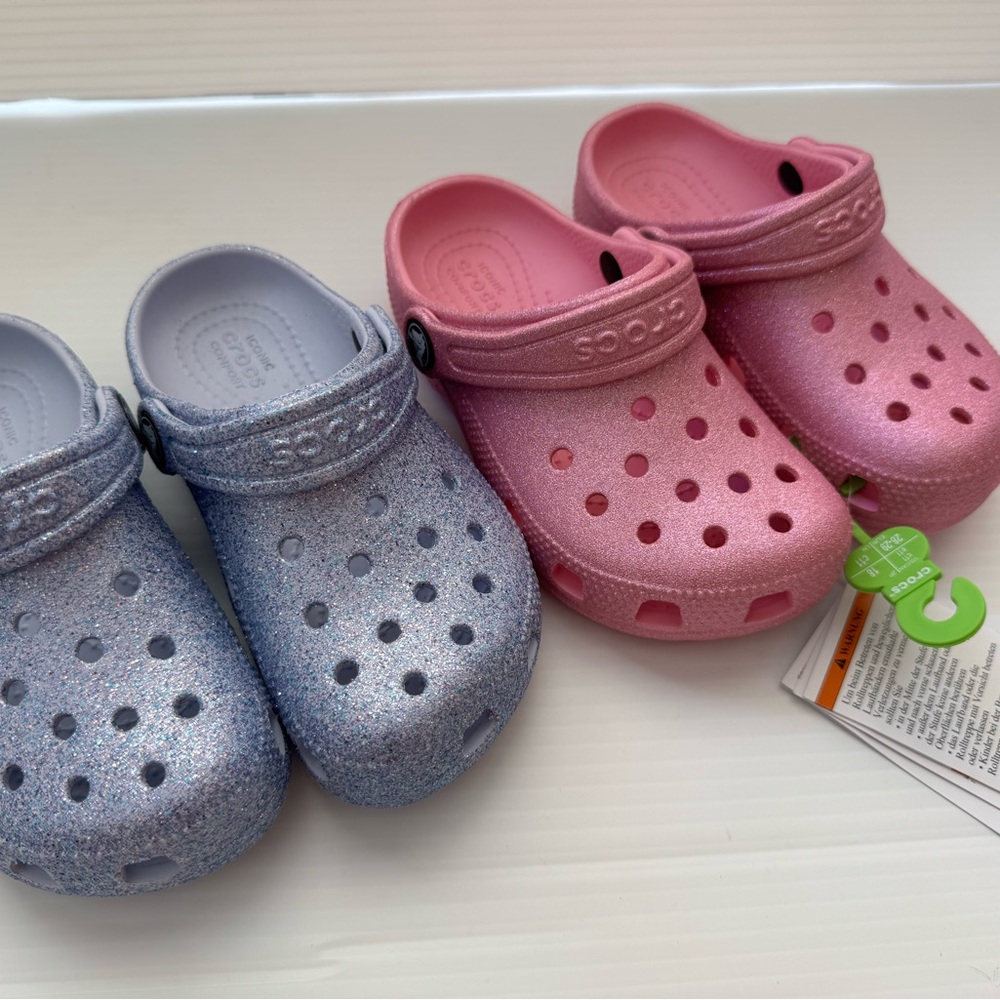 NEW! Pair of CROCS Kids Glitter Clogs - Pink and Lilac, Girls Size 11